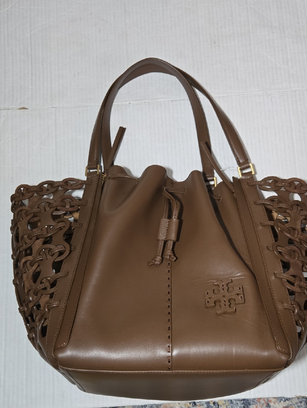 Tory Burch Tan Brown Leather Drawstring Tote with Woven Side Panels